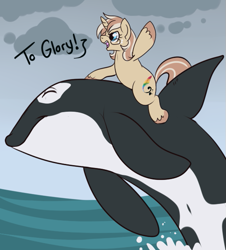 Size: 555x613 | Tagged: safe, artist:lulubell, oc, oc only, oc:lulubell, species:pony, species:unicorn, belly button, charge, glasses, orca, riding, stormcloud