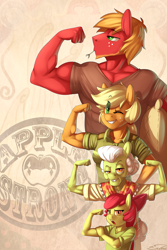 Size: 800x1200 | Tagged: safe, artist:siden, character:apple bloom, character:applejack, character:big mcintosh, character:granny smith, species:anthro, species:earth pony, species:pony, apple family, applejacked, eye clipping through hair, female, flexing, freckles, great macintosh, looking at you, male, muscles, one eye closed, open mouth, profile, smiling, wink