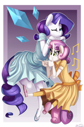 Size: 799x1200 | Tagged: safe, artist:siden, character:rarity, character:sweetie belle, species:anthro, species:plantigrade anthro, clothing, dress, duckface, feet, flip-flops, sandals, sisters