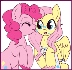 Size: 461x450 | Tagged: safe, artist:lulubell, character:fluttershy, character:pinkie pie, ship:flutterpie, apron, blushing, clothing, female, frosting, lesbian, licking, shipping, unshorn fetlocks