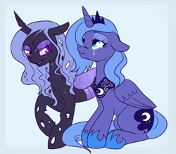Size: 600x525 | Tagged: safe, artist:lulubell, character:princess luna, oc, oc:queen carapace, species:alicorn, species:changeling, species:pony, changeling queen, changeling queen oc, crying, female, hoof shoes, purple changeling, s1 luna, story included, younger