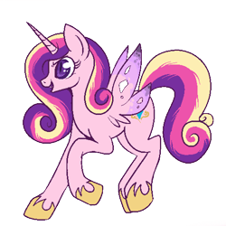 Size: 500x500 | Tagged: safe, artist:lulubell, character:princess cadance, character:queen chrysalis, species:alicorn, species:changeling, species:pony, disguise, disguised changeling, fake cadance, fangs, female, frown, open mouth, raised hoof, simple background, smiling, solo, standing, transparent background