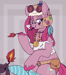 Size: 600x682 | Tagged: safe, artist:lulubell, character:pinkamena diane pie, character:pinkie pie, bomb, cigarette, clothing, female, match, piercing, smoking, socks, solo, striped socks, tank girl