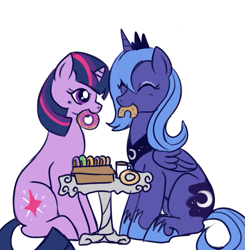 Size: 543x555 | Tagged: safe, artist:lulubell, character:princess luna, character:twilight sparkle, ship:twiluna, donut, eyes closed, female, lesbian, mouth hold, s1 luna, shipping, simple background, table, white background