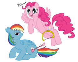 Size: 700x555 | Tagged: safe, artist:lulubell, character:pinkie pie, character:rainbow dash, species:pegasus, species:pony, arrow, bow (weapon), cupid, pegasus pinkie pie, race swap, simple background, white background