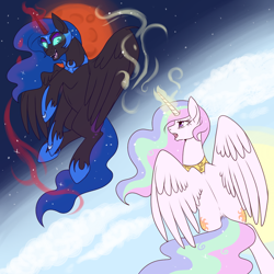 Size: 850x850 | Tagged: safe, artist:lulubell, character:nightmare moon, character:princess celestia, character:princess luna, blood moon, crying, duality, magic
