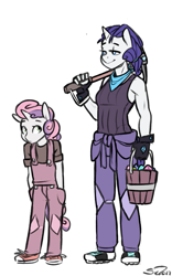 Size: 625x1000 | Tagged: safe, artist:siden, character:rarity, character:sweetie belle, oc, oc:ivory, oc:marble, species:anthro, species:pony, species:unicorn, alternate universe, breasts, bucket, clothing, duo, female, overalls, pants, pickaxe, shirt, shoes, signature, simple background, sisters, smiling, ultimare universe, white background