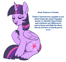 Size: 509x483 | Tagged: safe, artist:lulubell, character:twilight sparkle, character:twilight sparkle (alicorn), species:alicorn, colored hooves, dear princess celestia, eyes closed, female, raised hoof, simple background, sitting, solo, text, transparent background