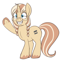 Size: 482x493 | Tagged: safe, artist:lulubell, oc, oc only, oc:lulubell, episode:the cutie map, g4, my little pony: friendship is magic, creepy smile, equal cutie mark, glasses, grin, simple background, smiling, solo, transparent background, underhoof, vector, waving, wide eyes