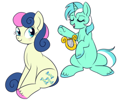 Size: 522x430 | Tagged: safe, artist:lulubell, character:bon bon, character:lyra heartstrings, character:sweetie drops, species:earth pony, species:pony, species:unicorn, ship:lyrabon, blushing, eyes closed, female, lesbian, looking back, lyre, open mouth, serenade, shipping, simple background, singing, sitting, smiling, transparent background, underhoof, unshorn fetlocks