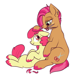 Size: 494x499 | Tagged: safe, artist:lulubell, character:apple bloom, character:babs seed, episode:bloom and gloom, g4, my little pony: friendship is magic, alternate hairstyle, cute, ear piercing, floppy ears, haircut, mouth hold, piercing, scissors, simple background, sitting, smiling, transparent background