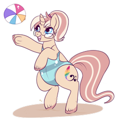 Size: 600x588 | Tagged: safe, artist:lulubell, oc, oc only, oc:lulubell, species:pony, species:unicorn, beach, beach ball, chubby, clothing, fat, freckles, glasses, one-piece swimsuit, open-back swimsuit, sand, simple background, solo, swimsuit, transparent background