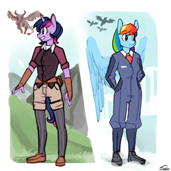 Size: 1200x1200 | Tagged: safe, artist:siden, character:rainbow dash, character:twilight sparkle, oc, oc:prism wing, oc:stardust nova, species:anthro, alternate hairstyle, alternate universe, clothing, duo, jumpsuit, ultimare universe, waistcoat