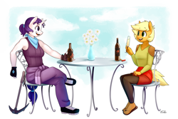 Size: 1300x866 | Tagged: safe, artist:siden, character:applejack, character:rarity, oc, oc:ivory, oc:sparkling cider, species:anthro, species:plantigrade anthro, ship:rarijack, alcohol, alternate universe, armpits, chair, cider, clothing, female, gloves, lesbian, pickaxe, sandals, shipping, table, ultimare universe, vase