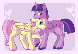 Size: 721x500 | Tagged: safe, artist:lulubell, character:fluttershy, character:twilight sparkle, character:twilight sparkle (alicorn), oc:dusk shine, species:alicorn, species:pony, ship:twishy, butterscotch, buttershine, gay, male, neck nuzzle, nuzzling, prince dusk, rule 63, shipping