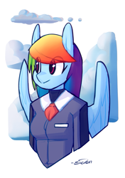 Size: 705x1000 | Tagged: safe, artist:siden, character:rainbow dash, oc, oc:prism wing, species:anthro, alternate universe, female, rainbow dash always dresses in style, solo, ultimare universe