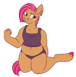 Size: 617x629 | Tagged: safe, artist:lulubell, character:babs seed, species:anthro, species:unguligrade anthro, belly button, binder, chubby, clothing, female, flexing, midriff, muffin top, older, piercing, simple background, solo, sweat, tank top, transparent background, underwear