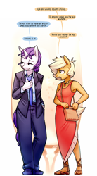 Size: 884x1600 | Tagged: safe, artist:siden, character:applejack, character:rarity, oc, oc:ivory, oc:sparkling cider, species:anthro, species:plantigrade anthro, ship:rarijack, alternate universe, armpits, business suit, clothing, dialogue, dress, feet, female, lesbian, masculine mare, necklace, necktie, purse, role reversal, sandals, shipping, suit, ultimare universe, watch