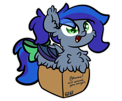 Size: 3250x2688 | Tagged: source needed, safe, artist:kimjoman, part of a set, oc, oc only, oc:lunar aurora, species:bat pony, species:pony, g4, :d, bat pony oc, bat wings, behaving like a cat, box, chest fluff, commission, cute, digital art, eye clipping through hair, fangs, female, fluffy, if i fits i sits, looking at you, mare, open mouth, pony in a box, simple background, solo, tail, transparent background, wings, ych result