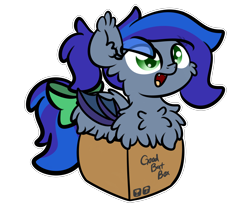 Size: 3250x2688 | Tagged: source needed, safe, alternate version, artist:kimjoman, part of a set, oc, oc only, oc:lunar aurora, species:bat pony, species:pony, g4, :d, bat pony oc, bat wings, behaving like a cat, box, chest fluff, commission, cute, digital art, eye clipping through hair, fangs, female, fluffy, if i fits i sits, looking at you, mare, open mouth, pony in a box, simple background, solo, tail, transparent background, wings, ych result