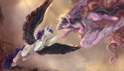 Size: 4210x2408 | Tagged: safe, artist:dedalekha, character:rarity, character:twilight sparkle, character:twilight sparkle (alicorn), species:alicorn, species:pony, ship:rarilight, g4, alicornified, angel, black wings, colored wings, fallen angel, female, halo, lesbian, mare, race swap, raricorn, reaching out, shipping, spread wings, the creation of adam, wings
