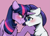 Size: 1363x994 | Tagged: safe, artist:cottonsweets, character:rarity, character:twilight sparkle, species:alicorn, species:pony, species:unicorn, ship:rarilight, g4, bust, eyebrows, eyebrows visible through hair, lesbian, lidded eyes, looking at each other, pink background, profile, shipping, signature, simple background