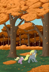 Size: 1396x2048 | Tagged: safe, artist:iron curtain, character:derpy hooves, species:pegasus, species:pony, species:unicorn, g4, autumn, ditzy doo, leaf, leaves, tree