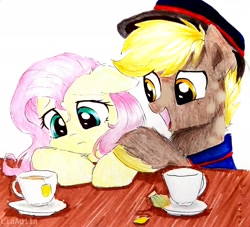 Size: 2306x2097 | Tagged: safe, artist:liaaqila, character:fluttershy, oc, oc:amber glow, species:pegasus, species:pony, fanfic:inner strength, series:who we become, g4, fanfic, fanfic art, female, food, tea, traditional art