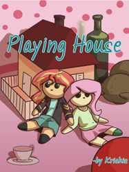 Size: 1999x2678 | Tagged: safe, artist:pasu-chan, character:fluttershy, character:sunset shimmer, fanfic:playing house, series:who we become, ship:sunshyne, g4, commission, doll, dollhouse, fanfic, fanfic art, fanfic cover, female, females only, lesbian, ragdoll, shipping, teacup, teddy bear, toy, wine bottle