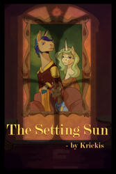 Size: 3600x5400 | Tagged: safe, artist:pasu-chan, character:sunset shimmer, oc, oc:brass badge, oc:golden lace, species:pony, species:unicorn, fanfic:the setting sun, series:who we become, g4, chair, clothing, commission, fanfic, fanfic art, fanfic cover, female, filly, filly sunset shimmer, male, mare, oc x oc, painting, shadow, shipping, sitting, stallion, straight, sunset shimmer's parents, younger
