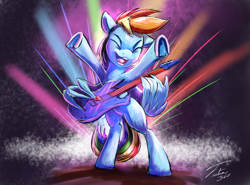 Size: 1280x945 | Tagged: safe, artist:tsitra360, character:rainbow dash, species:pegasus, species:pony, abstract background, bipedal, electric guitar, eyes closed, female, guitar, mare, open mouth, playing instrument, signature, solo, underhoof, wing hands