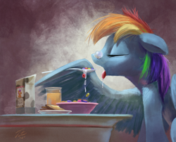 Size: 1200x971 | Tagged: safe, artist:tsitra360, character:rainbow dash, character:scootaloo, species:pegasus, species:pony, airbrush, beverage, bowl, bread, breakfast, cereal, eating, eyes closed, female, glass, mare, milk, morning ponies, open mouth, orange juice, plate, signature, sleeping, snot bubble, solo, toast, tongue out, wing hands, wing hold