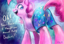 Size: 1200x830 | Tagged: safe, artist:tsitra360, character:pinkie pie, 30 minute art challenge, airbrush, boxers, clothing, female, looking back, my little art challenge, open mouth, signature, solo, talking, text, underwear