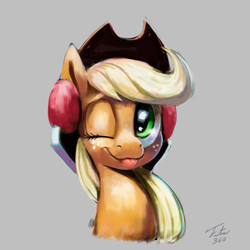 Size: 900x900 | Tagged: safe, artist:tsitra360, character:applejack, clothing, cowboy hat, female, freckles, hat, practice drawing, quickie, signature, solo, speedpaint, stetson, tongue out, wink