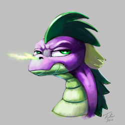 Size: 900x900 | Tagged: safe, artist:tsitra360, character:spike, species:dragon, bust, cute, fire, frown, green fire, looking at you, male, older, portrait, practice drawing, quickie, signature, snorting, solo, speedpaint, unamused