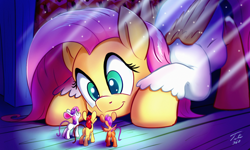 Size: 1500x899 | Tagged: safe, artist:tsitra360, character:apple bloom, character:fluttershy, character:scootaloo, character:sweetie belle, species:pegasus, species:pony, adorabloom, cinderella, cindershy, clothing, crossover, cute, cutealoo, cutie mark crusaders, diasweetes, disney, micro, mouse, mousified, parody, pinkie tales, shyabetes, signature, size difference, species swap