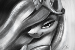 Size: 900x600 | Tagged: safe, artist:tsitra360, character:princess celestia, bedroom eyes, female, grayscale, hair over one eye, looking at you, monochrome, smiling, smirk, smug, smuglestia, solo