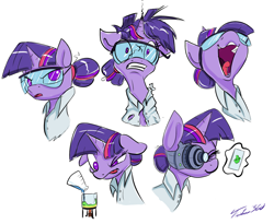 Size: 1280x1051 | Tagged: safe, artist:tsitra360, character:smooze, character:twilight sparkle, character:twilight sparkle (scitwi), species:eqg human, alternate hairstyle, beaker, erlenmeyer flask, female, goggles, gritted teeth, open mouth, science, sketch dump, solo, unicorn sci-twi