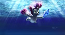 Size: 1200x652 | Tagged: safe, artist:tsitra360, character:sweetie belle, species:pony, species:unicorn, album cover, female, filly, nevermind, nirvana, open mouth, ponified, ponified album cover, signature, solo, underwater