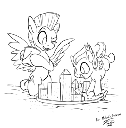 Size: 1280x1293 | Tagged: safe, artist:tsitra360, character:rumble, character:thunderlane, species:pegasus, species:pony, black and white, brothers, colt, cute, duo, grayscale, male, monochrome, rumblebetes, sandcastle, simple background, spread wings, thunderbetes, white background, wings