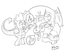 Size: 1200x935 | Tagged: safe, artist:tsitra360, character:discord, character:spike, species:draconequus, species:dragon, black and white, chat, cutie mark, duo, duo male, grayscale, implied fluttershy, implied rarity, lineart, male, monochrome, open mouth, pictogram, simple background, smiling, teacup, white background