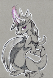 Size: 614x900 | Tagged: safe, artist:tsitra360, character:twilight sparkle, species:draconequus, draconequified, female, glowing horn, gray background, grayscale, looking at you, monochrome, simple background, solo, species swap, traditional art, twikonequus