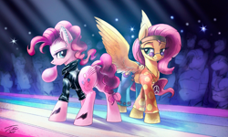 Size: 1500x899 | Tagged: safe, artist:tsitra360, character:fluttershy, character:pinkie pie, species:earth pony, species:pegasus, species:pony, bubblegum, butt, catwalk, clothing, dock, fashion show, featureless crotch, female, food, glasses, gum, hippie, hippieshy, jacket, looking back, mare, pants, plot, punk, punkie pie, runway, signature, smiling, spread wings, the ass was fat, wings