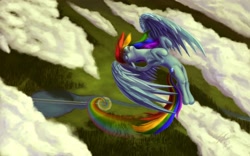 Size: 1920x1200 | Tagged: safe, artist:tsitra360, character:rainbow dash, species:pegasus, species:pony, bird's eye view, cloud, cloudy, eyes closed, female, flying, mare, rainbow trail, river, solo