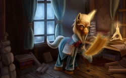 Size: 1920x1200 | Tagged: safe, artist:tsitra360, species:pony, species:unicorn, bald, beard, book, candle, clothing, deckard cain, diablo, facial hair, glowing horn, mage, magic, male, old, ponified, rat, realistic, scroll, skull, solo, stallion, window