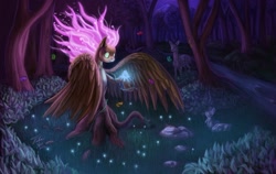 Size: 1920x1213 | Tagged: safe, artist:tsitra360, character:fluttershy, species:deer, species:rabbit, butterfly, dryad, fluttertree, forest, leafing the dream, species swap, transformation, tree