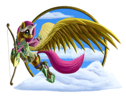 Size: 1024x795 | Tagged: safe, artist:tsitra360, character:fluttershy, species:pegasus, species:pony, armor, arrow, bow (weapon), female, flying, mare, quiver, smiling, solo, weapon