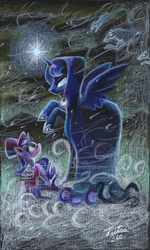 Size: 1024x1703 | Tagged: safe, artist:tsitra360, character:princess luna, character:snowfall frost, character:starlight glimmer, episode:a hearth's warming tail, g4, my little pony: friendship is magic, blizzard, cloak, clothing, duo, glasses, glowing eyes, glowing horn, hat, scene interpretation, signature, snow, snowfall, spirit of hearth's warming yet to come, top hat, traditional art