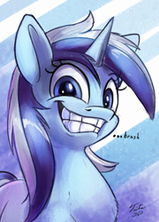Size: 648x900 | Tagged: safe, artist:tsitra360, character:minuette, species:pony, species:unicorn, bust, female, grin, mare, portrait, solo, teeth