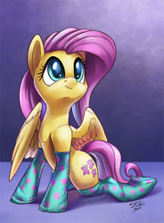 Size: 900x1223 | Tagged: safe, artist:tsitra360, character:fluttershy, species:pegasus, species:pony, clothing, cute, female, mare, shyabetes, signature, smiling, socks, solo